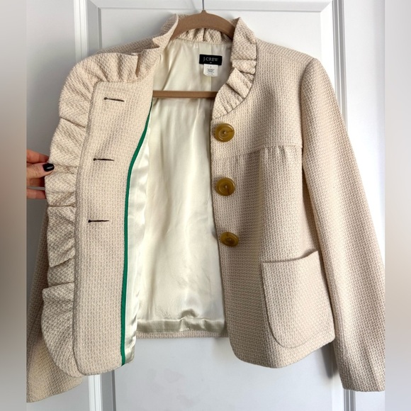 Vintage J. Crew Cropped Jacket Textured Wool Cream Ruffle Feminine Size 0 - Picture 4 of 5